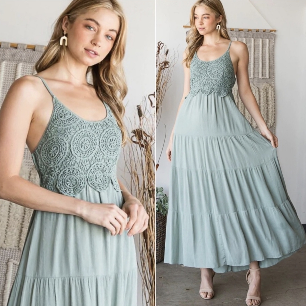 LAST ONE! Gorgeous Sage Green Long Maxi Dress w/ Crochet Lace and Smocked Detail - Picture 4 of 5